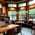 A cozy Starbucks interior with soft lighting, comfortable chairs, and calming music, creating a personal sanctuary for reading or working on a laptop.