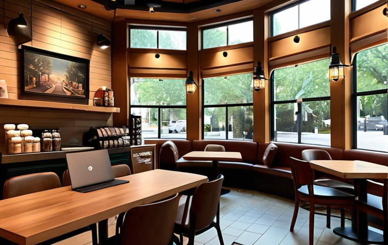 A cozy Starbucks interior with soft lighting, comfortable chairs, and calming music, creating a personal sanctuary for reading or working on a laptop.